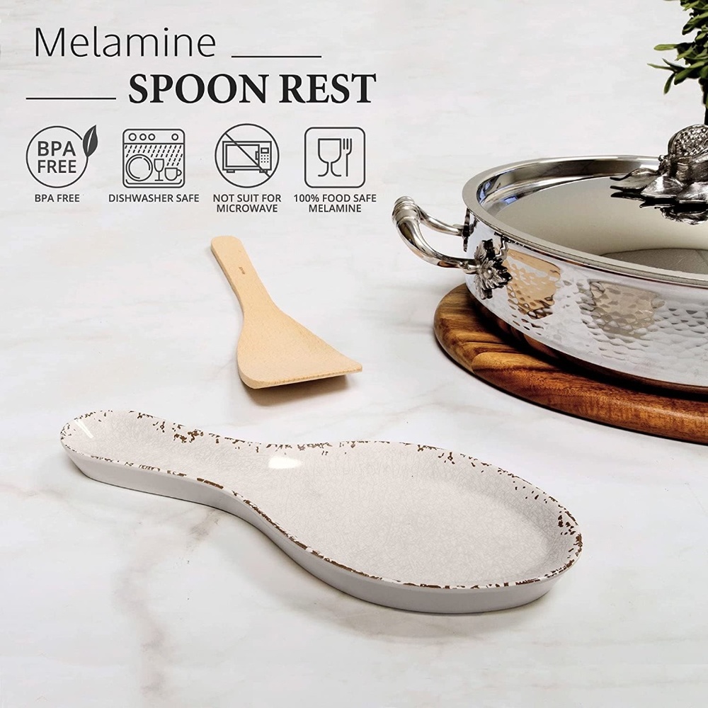 Melamine Spoon Rest 9.625 Inch for Kitchen Counter, Crackle Cream Design